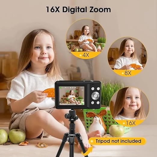 Digital Camera with 16X Power Zoom, Beauty Filter, Anti-Shake with 32GB Card, 2 Batteries, Point and Shoot Light Weight and Portable Camera for Children, Students, and Teens (Black)