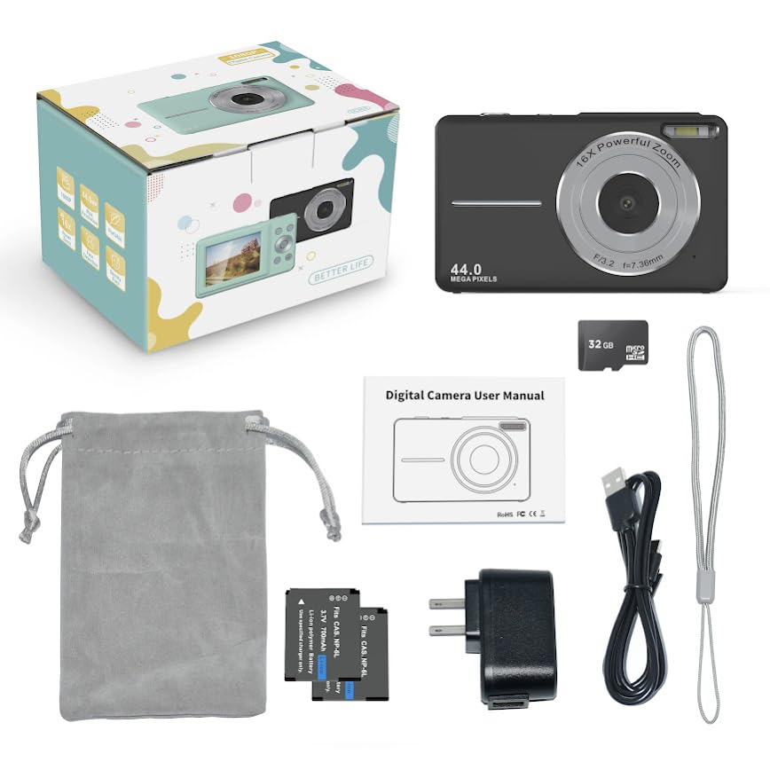 Digital Camera with 16X Power Zoom, Beauty Filter, Anti-Shake with 32GB Card, 2 Batteries, Point and Shoot Light Weight and Portable Camera for Children, Students, and Teens (Black)